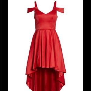 Sequin Hearts red cold shoulder high/low hem dress.